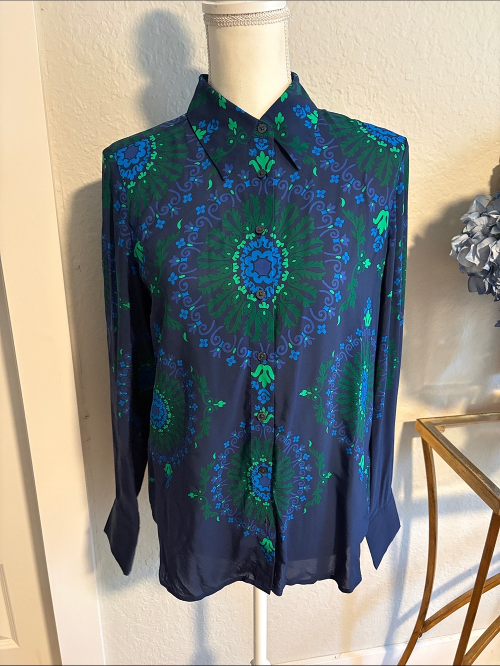 Boden Navy Blue Floral Medallion Button-Up Blouse NWOT